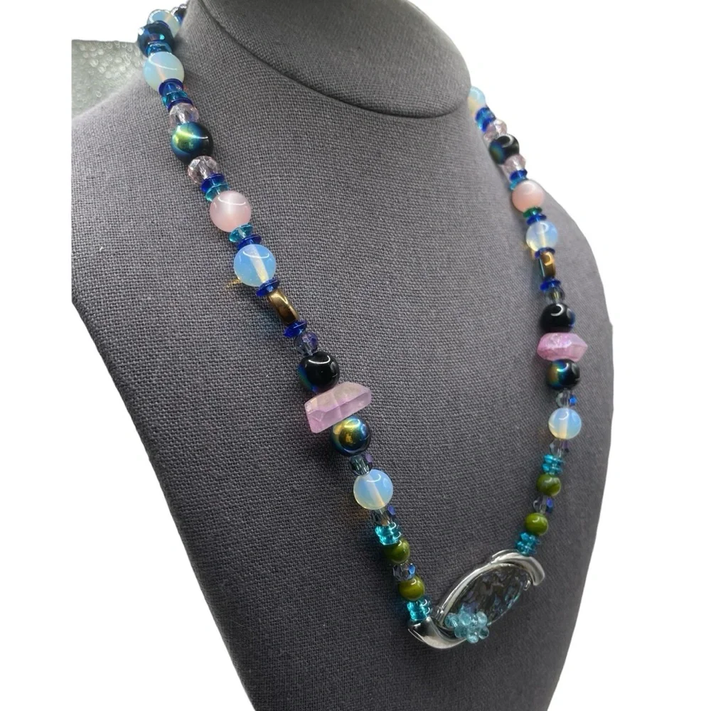 ❤️ Vintage Blue Hues Glass Beaded Abalone Pendant Retro Necklace - Picture 3 of 5